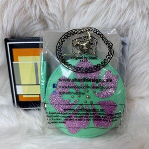 NIB Sharif Hibiscus Flower Zip Coin Purse Keychain -Glitter Green/Purple Hibicus